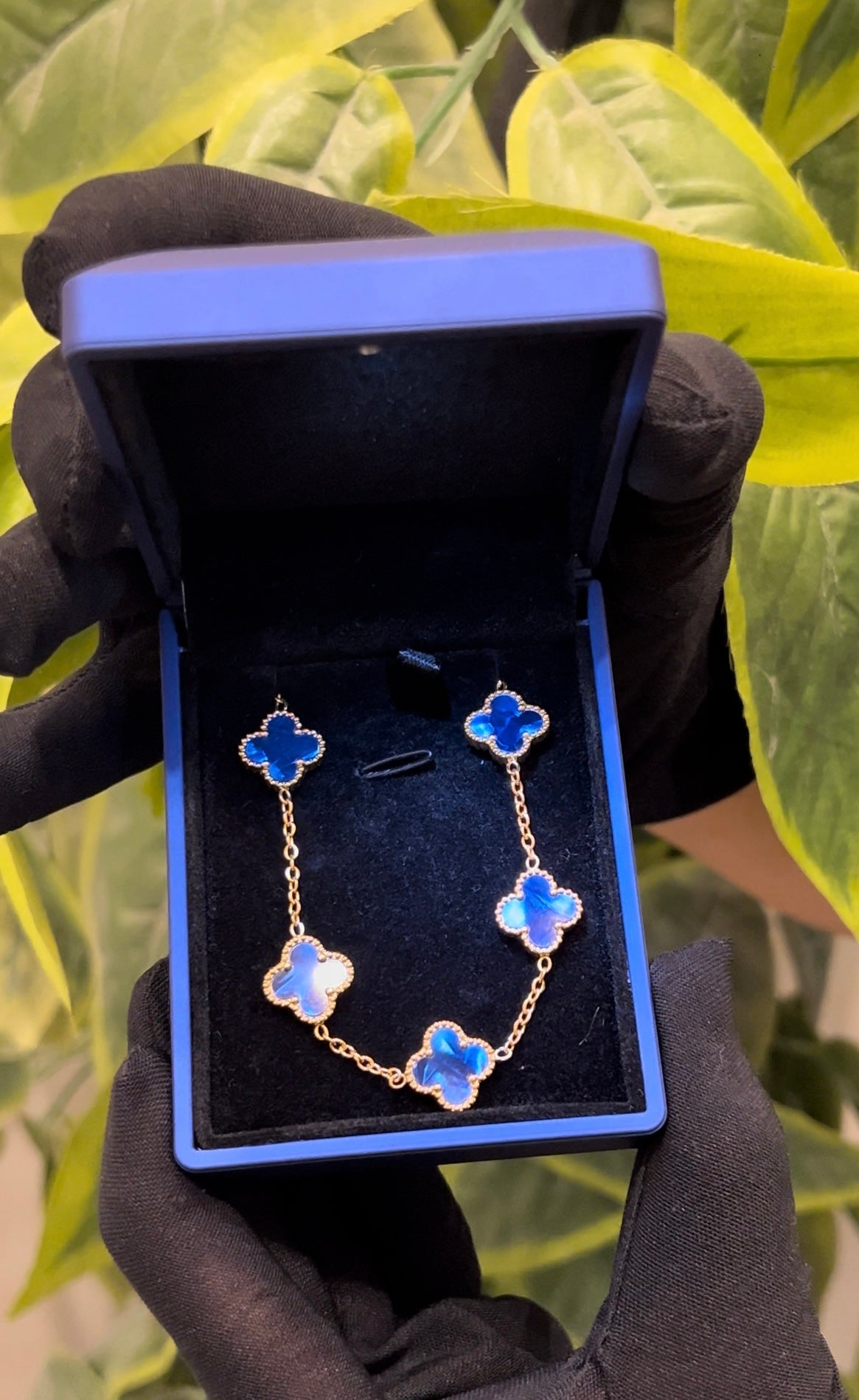 Bracelet Trèfle Bleu Femme – Acier Inoxydable Doré