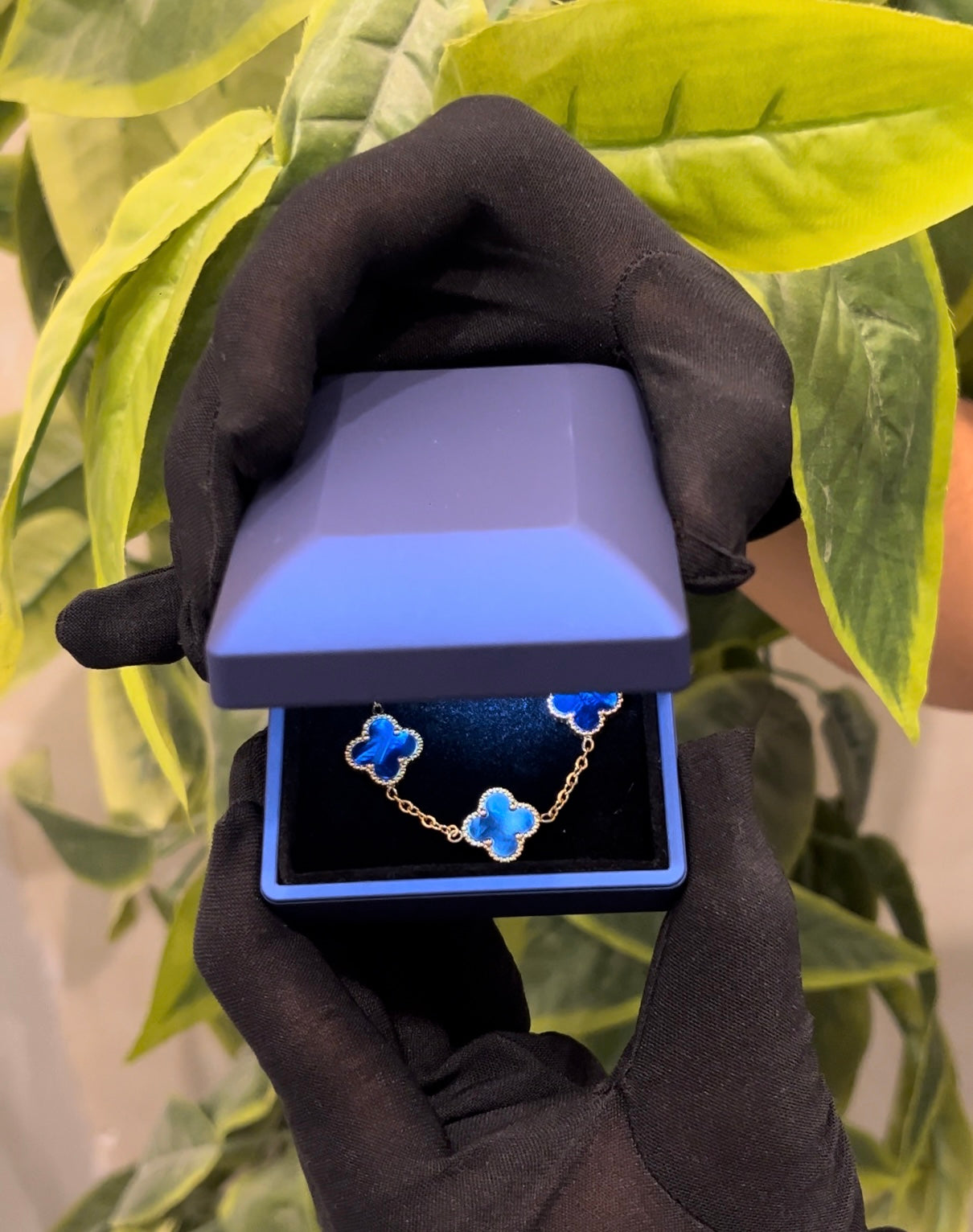 Bracelet Trèfle Bleu Femme – Acier Inoxydable Doré