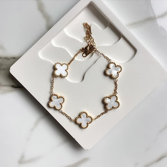 Bracelet Trèfle Blanc Femme – Acier Inoxydable Doré